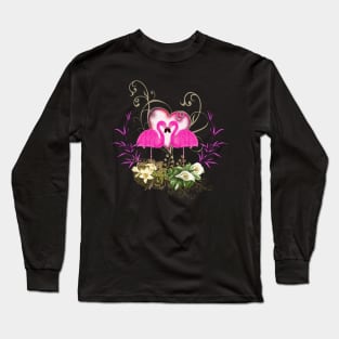 Flamingo in love, heart and flowers Long Sleeve T-Shirt